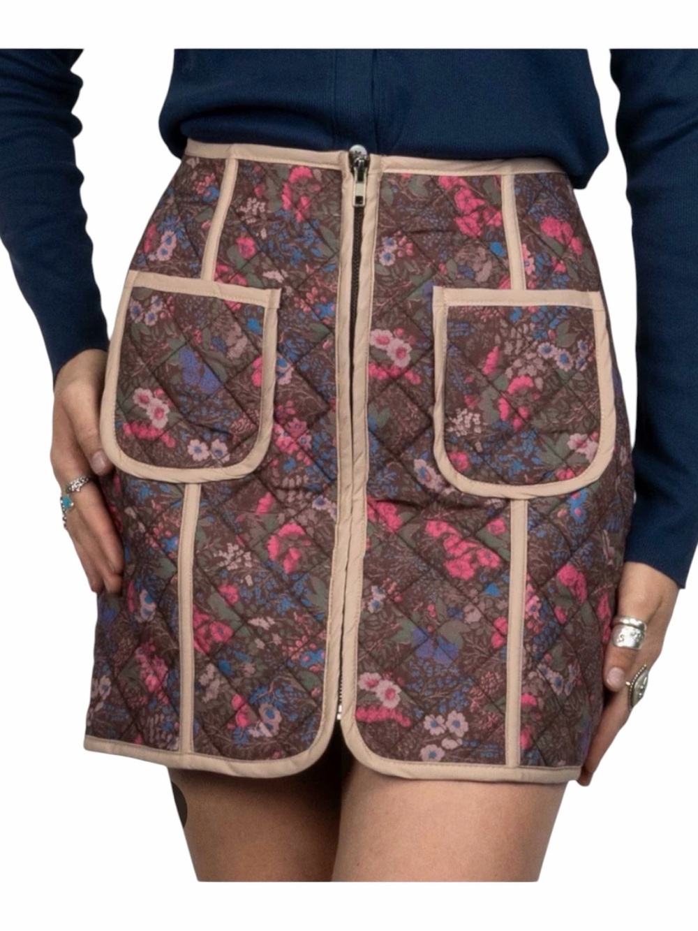 NEW Flag & Anthem Bethel Floral Mini Skirt Size 4 / 27 Quilted Brown Front Zip